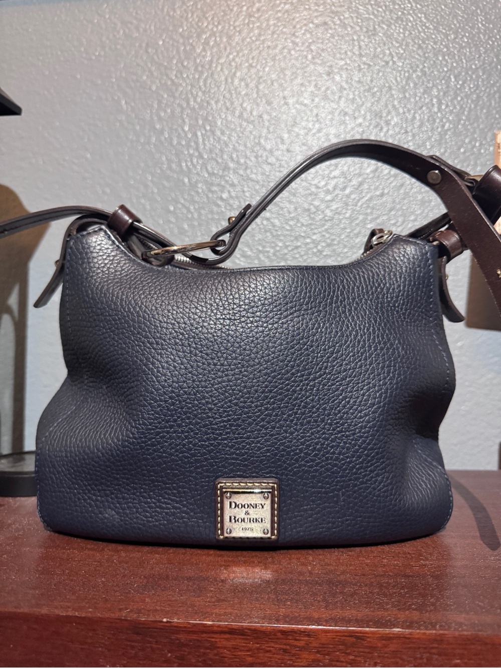 Dooney & Bourke Navy Pebbled Leather Shoulder Bag with Gold Plaque